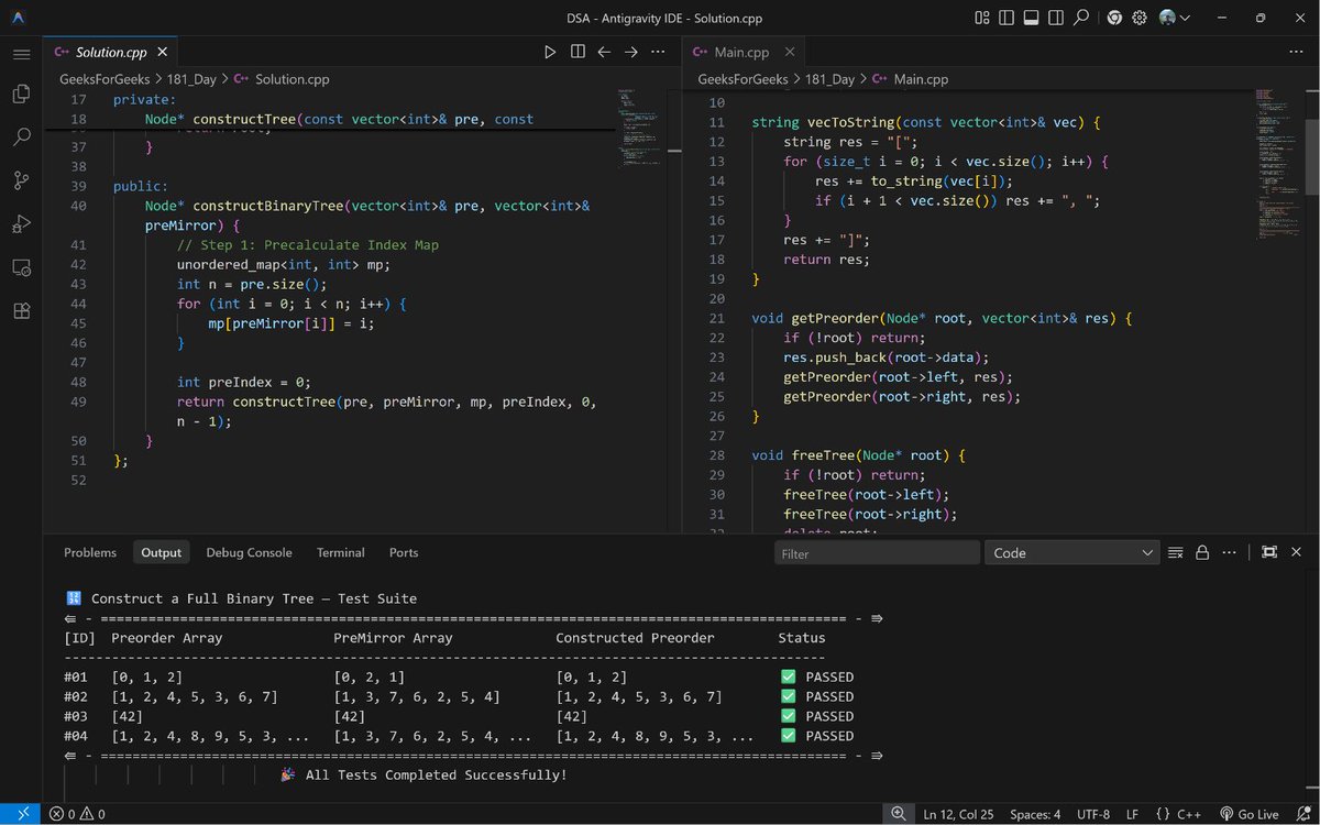 PankajB42550's tweet photo. 🚀 #Day 181/100 – Construct Full BT from Preorder &amp; Mirror Preorder

💡 Hashmap + Recursive Partition. Full BT → unique reconstruction.

✅ O(N) | O(N)

💡Consistency > Intensity. Keep pushing! 💪

#100DaysOfCode #DSA #BinaryTree #Recursion #DAY181 https://t.co/l8zoNqR7I7