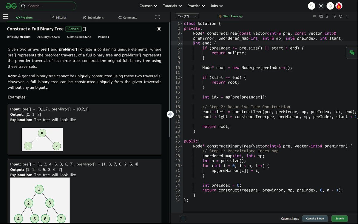 PankajB42550's tweet photo. 🚀 #Day 181/100 – Construct Full BT from Preorder &amp; Mirror Preorder

💡 Hashmap + Recursive Partition. Full BT → unique reconstruction.

✅ O(N) | O(N)

💡Consistency > Intensity. Keep pushing! 💪

#100DaysOfCode #DSA #BinaryTree #Recursion #DAY181 https://t.co/l8zoNqR7I7