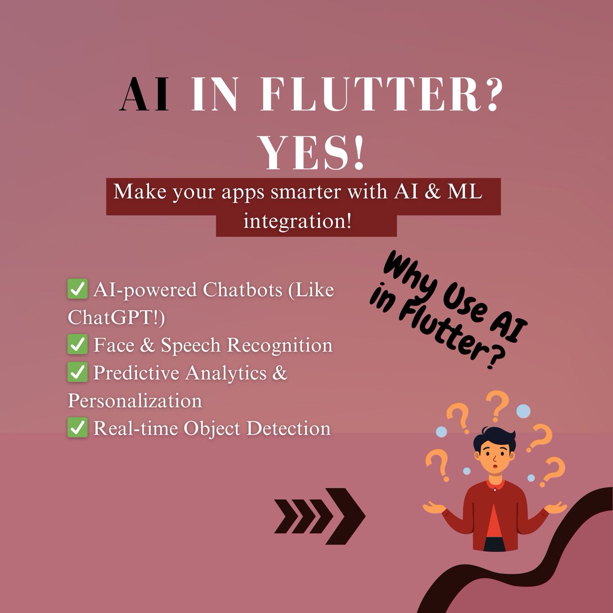 ayeshappdev's tweet photo. AI in Flutter? Yes.
→ Firebase ML Kit for OCR & text recognition → TensorFlow Lite for on-device AI → OpenAI API for chatbots
Static apps give the same experience to everyone. AI apps learn and adapt.
What AI feature would you add first
#FlutterDev #AIinFlutter #ayeshappdev https://t.co/fZ6pFRRXCA