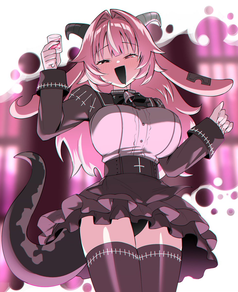 DrunkenDevour's tweet photo. After a night of drunken fun, this demon’s off to retire for the night. She’ll be back tomorrow for everyone she has her sights on!

And for anyone else, don’t be afraid to come visit her bar~!

She’s looking forward to eat- I mean meeting you all soon! 🩷 https://t.co/LAXHytio0q