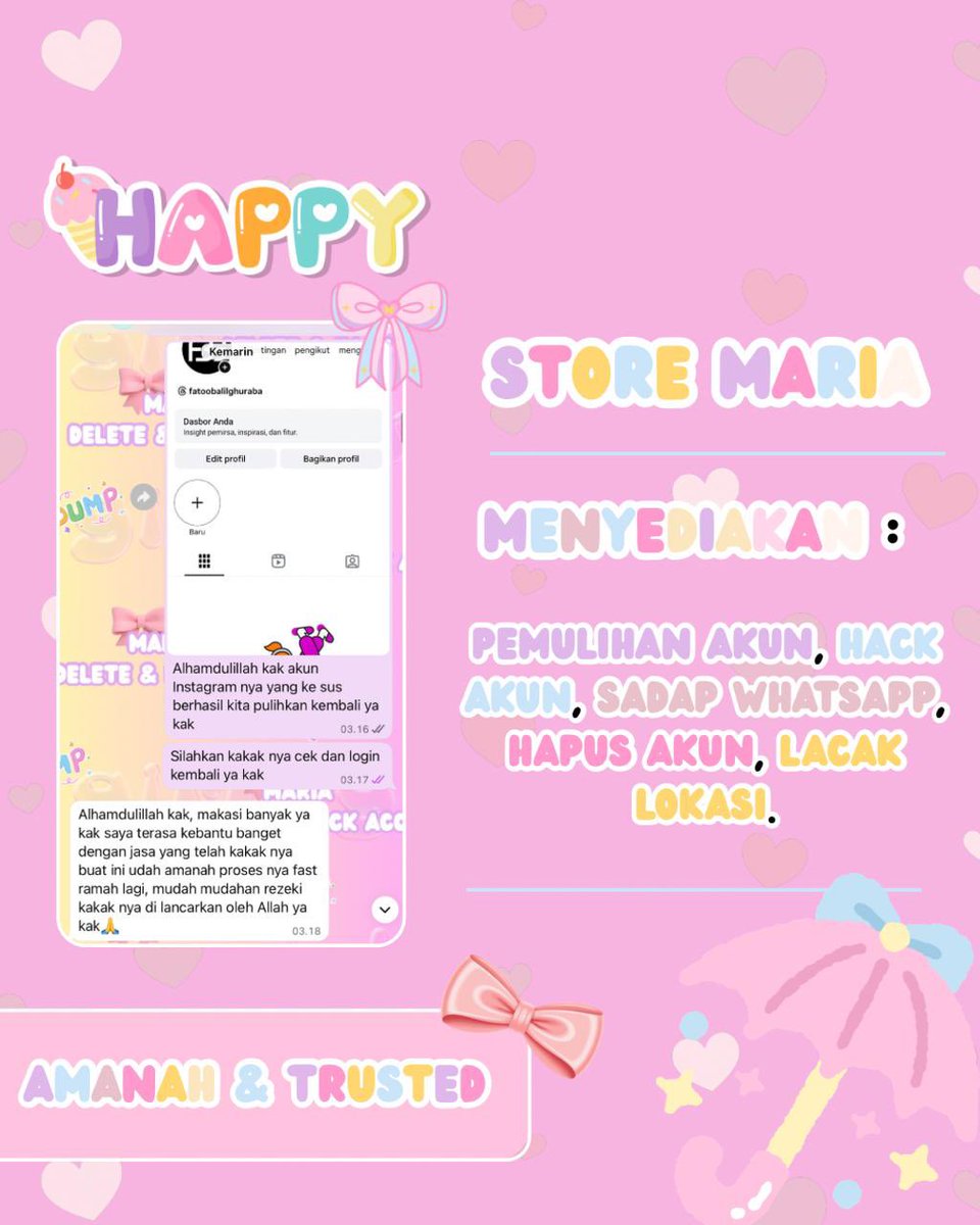 madagaskar029's tweet photo. Maria store🎀

✧˚ pemulihan akun
- instagram, tiktok, whatsapp, line, facebook, x, gmail, telegram, linkedin

✧˚ jasa hapus akun
- facebook, tiktok, instagram, line, whatsapp, twitt / x, linkedin 

#zonauang #zonajajan
hack akun, sadap wa, lacak lokasi ?
જ⁀➴♡ wasap di bio🩷 https://t.co/J7gSEWLBeW