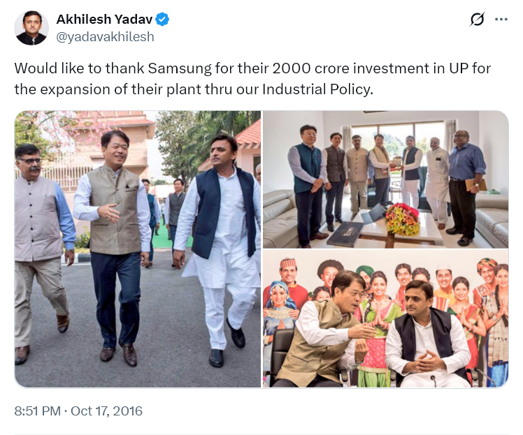 Archit_sp's tweet photo. It was Akhilesh  who facilitated the major expansion of Samsung's plant in Noida https://t.co/C3xeuWQvTO