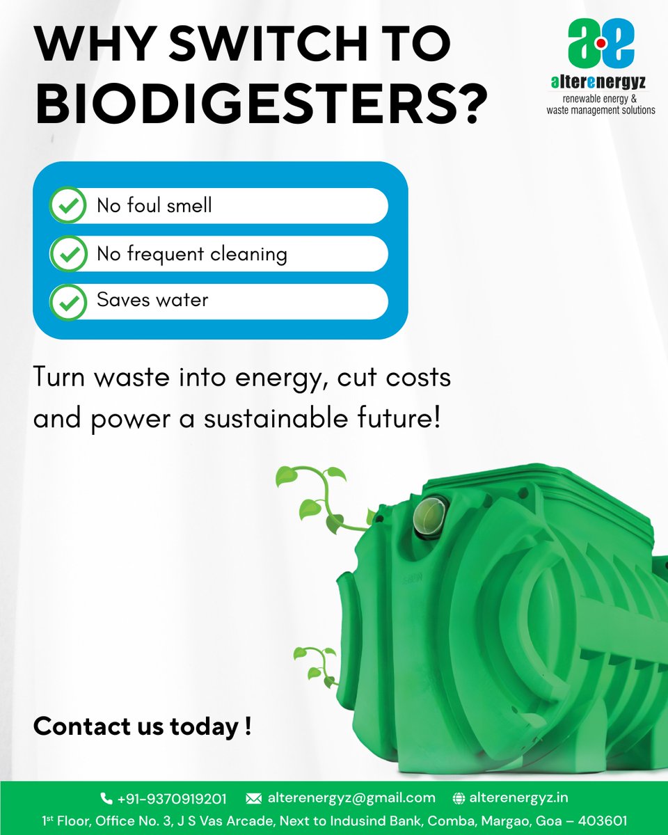 AlterenergyzGoa's tweet photo. 🌱 Go Green with Biogas Energy! 🌿

Turn your organic waste into valuable energy with Biogas Plants! 💡 Our innovative solutions not only help you manage waste efficiently but also produce clean, renewable energy for your daily needs. https://t.co/WH7UC2nY0d
