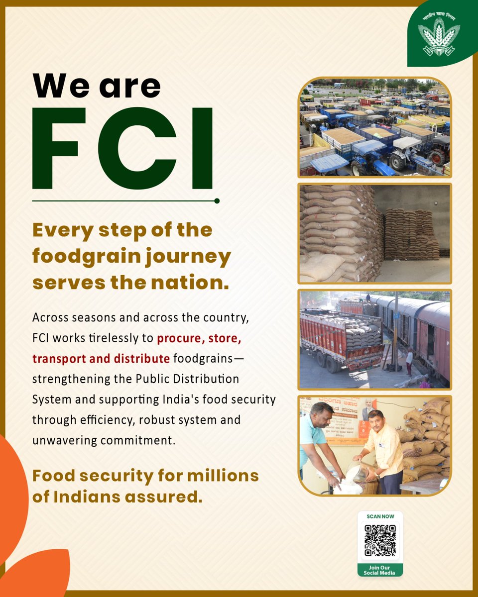FCI_India's tweet photo. From supporting farmers through assured procurement to maintaining the nation's food reserves and ensuring food reaches those who need it most, FCI stands as the backbone of India's food security. Every step in the journey reflects a commitment to efficiency, reliability, and service to the nation.
Food security for millions of Indians assured indeed – with Food Corporation of India.

@mygovindia @fooddeptgoi @PIB_India @JoshiPralhad
@Nimu_Bambhaniya @blvermaup
#FCI #farmersupporter #foodsecurity #PDS #feedingmillions