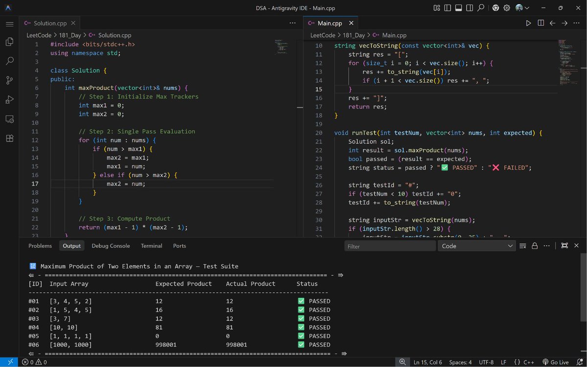 PankajB42550's tweet photo. 🚀 #Day 181/100 (Maximum Product of Two Elements @LeetCode – #Daily)!

Key: Sort, return (largest-1)*(secondLargest-1) OR track two largest in one pass.

⌛ O(n log n) or O(n) | O(1)
✅ Accepted

@CoderArmy #100DaysOfCode #DSA #Array #Math #DSA26 #DAY181 https://t.co/aMomzBeHcF