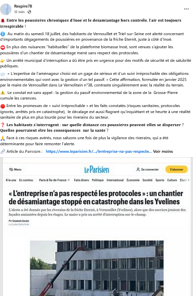 Respire78's tweet photo. @Prefet78 @ars_idf, les riverains de Vernouillet et Triel/Seine attendent des mesures concrètes pour protéger leur santé
Après 10 ans des poussières  d'Inoé  #biomasse, l'amiante !
Jusqu'à quand des défaillances mettront-elles en danger les habitants ? 
👉https://t.co/PW6O3si6gC https://t.co/V6NdM4WEu7