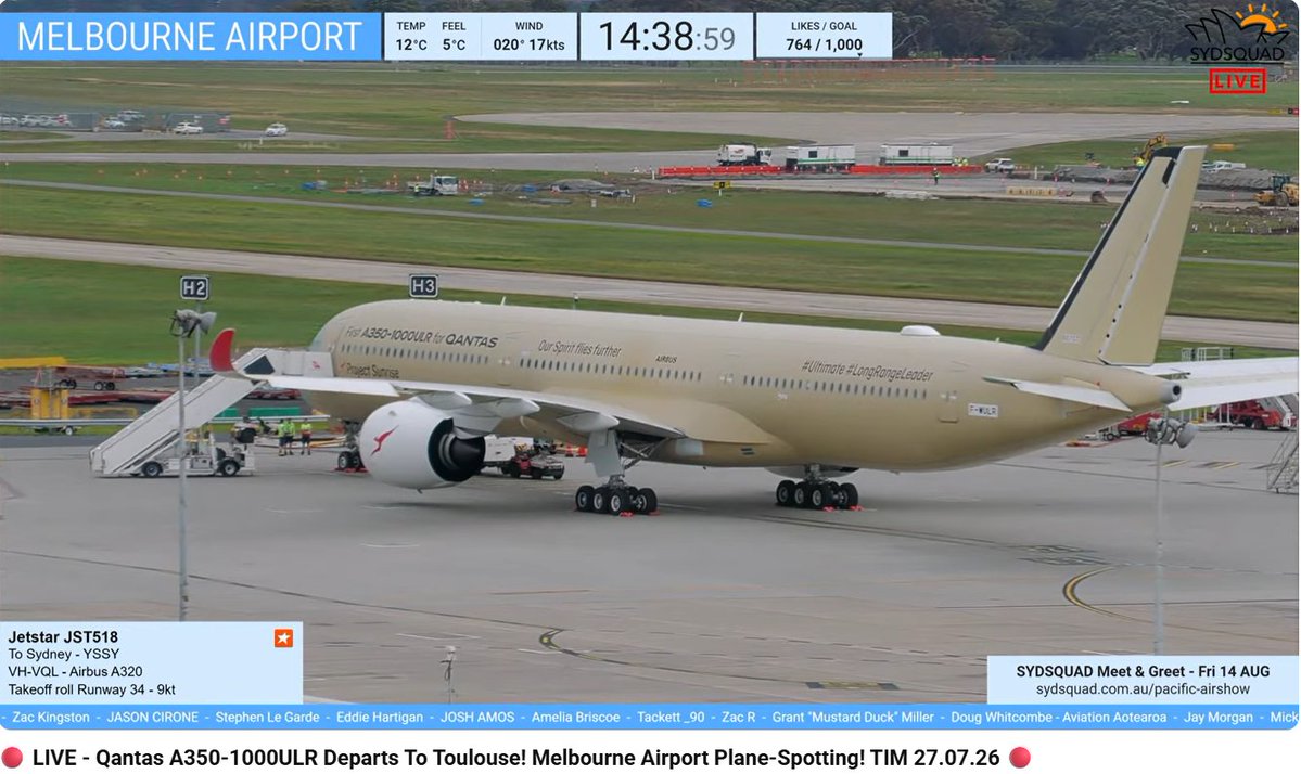 a30aew's tweet photo. The future #QANTAS #AIrbus #A350-#1000ULR is due to depart #YMML this afternoon at around 1700 AEST (0700 Z)
Head on over to #SydSquad's live stream:
https://t.co/ye5xU6t2hs https://t.co/ksF4MKCo6Q