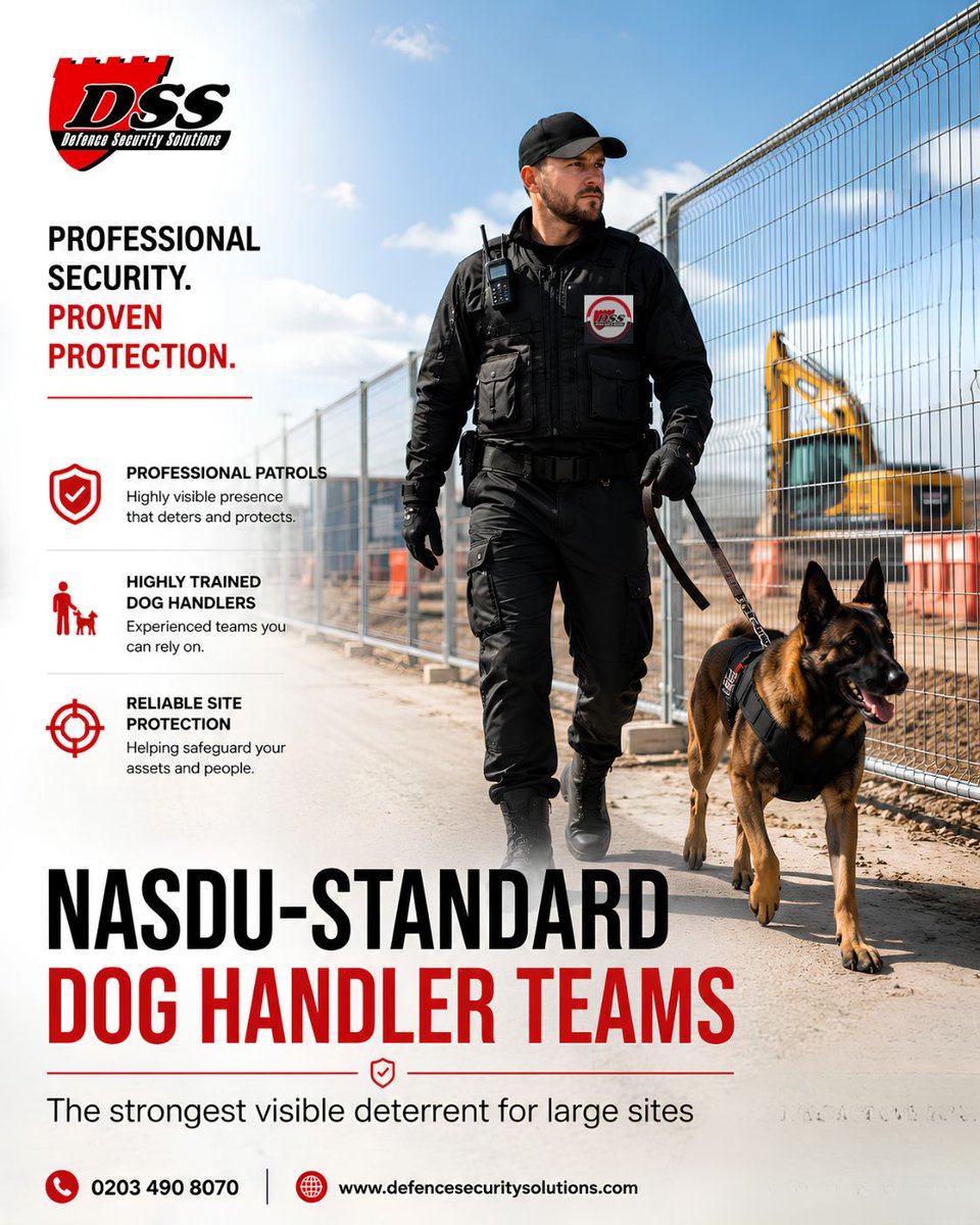 Security_DSS's tweet photo. NASDU-standard Dog Handler Teams deliver a powerful visible deterrent for construction sites, industrial facilities and commercial premises.

Professional patrols. Trusted protection.
🌐 https://t.co/9rzdfxRZyO
#NASDU #SecurityDogHandler #UKSecurity #ConstructionSecurity https://t.co/G7PWQiu1rg