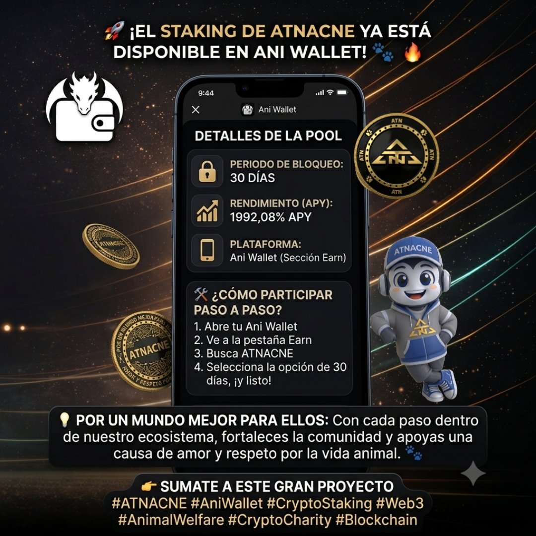 atnacne's tweet photo. 🚀 ¡EL STAKING DE ATNACNE YA ESTÁ DISPONIBLE EN ANI WALLET! 🐾🔥
¡Haz que tu apoyo por la vida animal siga creciendo! Ahora puedes hacer Staking de tu token ATNACNE directamente en Ani Wallet y obtener rendimientos mientras impulsas un proyecto con un propósito real. 
#ATNACNE https://t.co/it43Vo6BBH