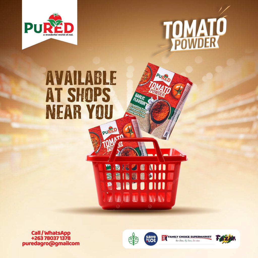 puredagro's tweet photo. 🍅 Never run out of tomato flavour.
PuRed Agro Tomato Powder is made from 100% real tomatoes with a long shelf life—perfect for every kitchen.
🇿🇼 Proudly Made in Zimbabwe.
#PuRedAgro #KitchenEssential https://t.co/icRyXuUyhH