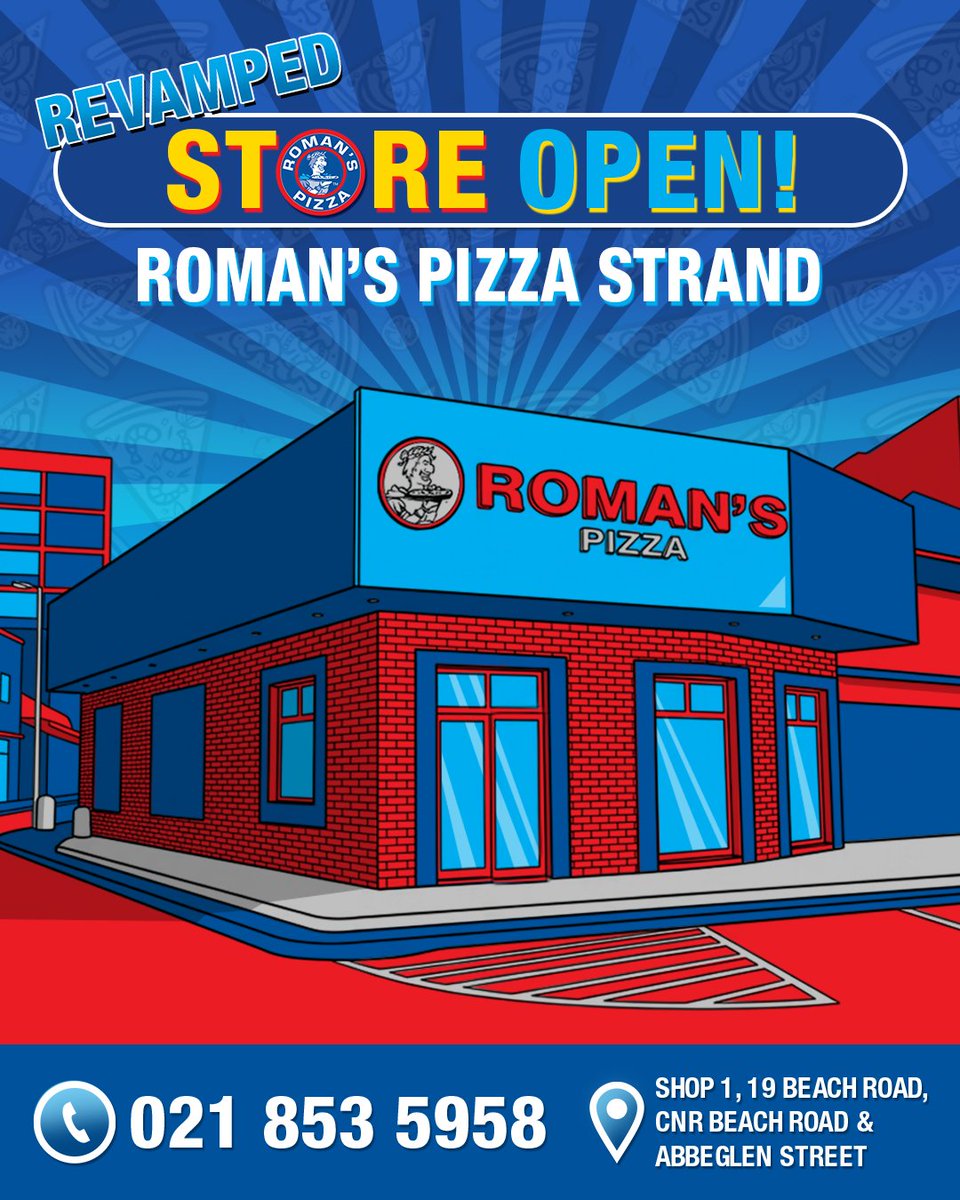 romans_pizza's tweet photo. Strand, we are OFFICIALLY REOPENED! 🔥
Your cravings just got an upgrade. Stop by for hot, fresh, double-slice goodness or beat the queue with Call & Collect! 🍕🍕
📍 Cnr Beach Rd & Abegglen St, Strand
📞 021 853 5958
#RomansPizza #Strand #Reopening https://t.co/xluL5dYwoq