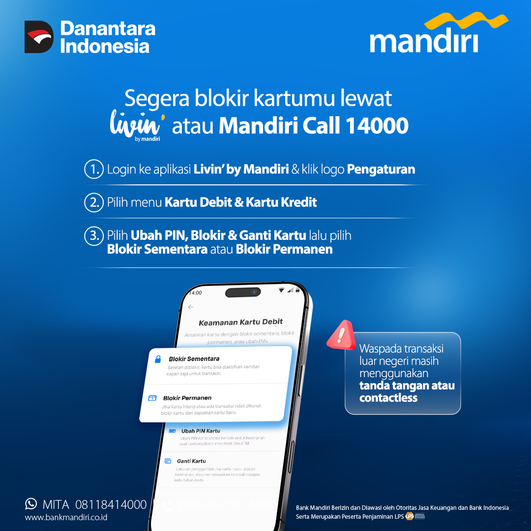 bankmandiri's tweet photo. Kartu debit atau kreditmu hilang?
Jangan tunggu lama! Segera blokir lewat Livin’ by Mandiri atau Mandiri Call 14000 untuk hindari risiko transaksi tak diinginkan.
Selalu jaga kartumu di mana pun kamu berada, karena Lindungi Kartumu = Lindungi Keuanganmu.
#KelasMandiri
#GeberPK
#KonsumenCerdasPeKABertransaksi #GENCARKAN2026 #LiterasiKeuanganMasifMerata
#JagaBaikBaik