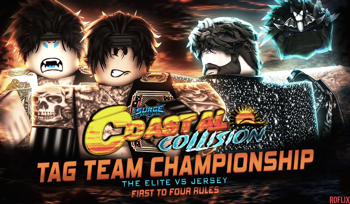 SurgeOnRoblox's tweet photo. DOUBLE DUTY! ☀️

The reigning Tag Team Champions @ApoloLeaguee & @jumpofftheropes will BOTH compete TWICE at #CoastalCollision2026!

They enter their 2nd defense against @ChrisP4ul3 & @jordanrampage23 TOMORROW NIGHT at 5PM ET!

#SURGE2026
