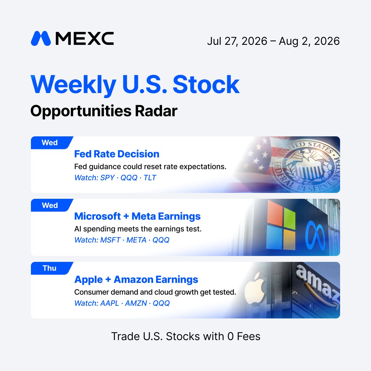 MEXC's tweet photo. Big week for market direction. 

- Rates set the tone
- Mega-cap earnings test the AI trade
- PCE + $COIN are also on the radar

Which one moves the market first? 👇