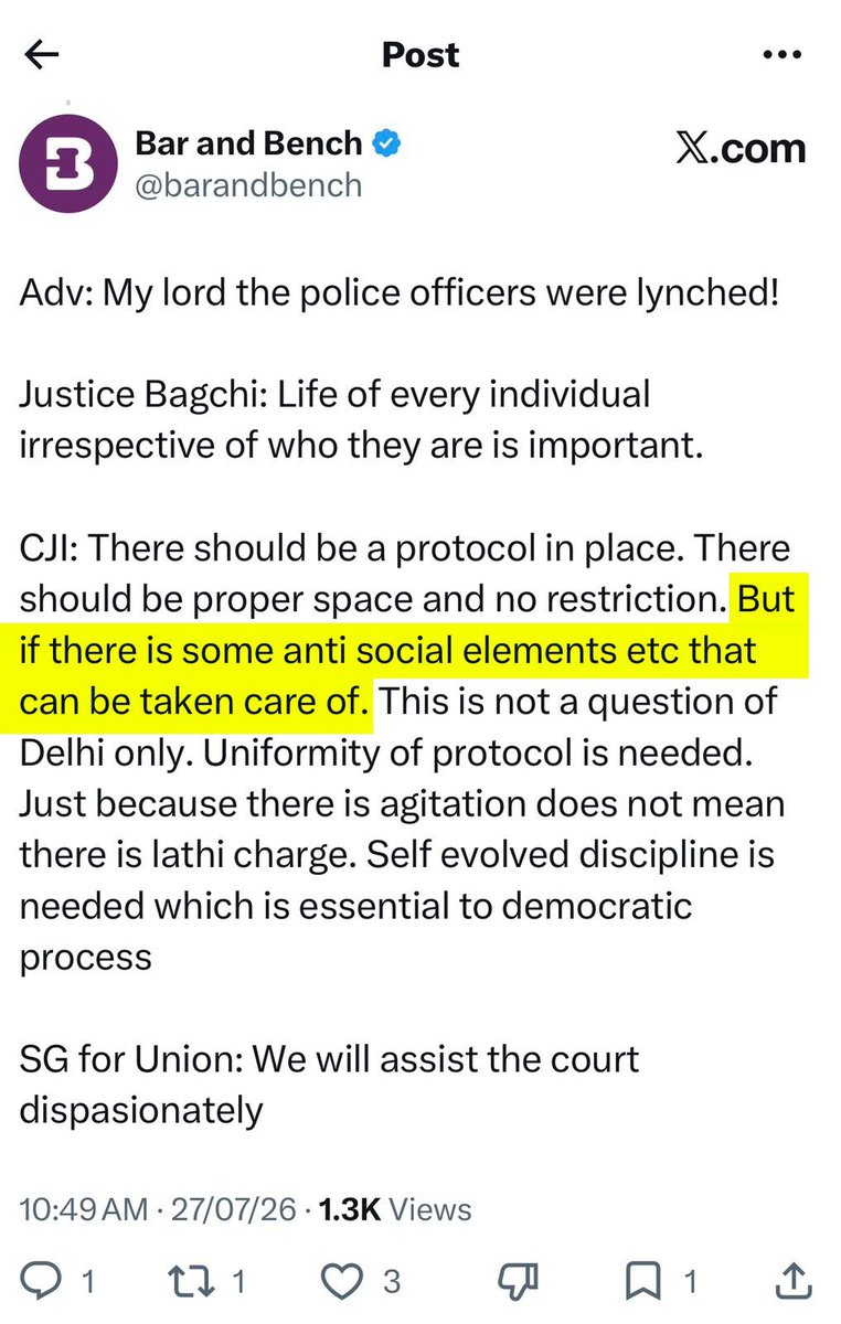 amitmalviya's tweet photo. Once again, sections of the media are selectively reporting the Chief Justice’s remarks, highlighting only what suits a particular narrative.

No one disputes the right to peaceful protest. In fact, that right is fundamental in a democracy.

But the operative part of the Chief Justice’s observation is equally important: “If there are some anti-social elements, etc., that can be taken care of.”

That is precisely the responsibility of law enforcement agencies. They are duty-bound to distinguish between peaceful protesters and those who exploit protests to indulge in violence, vandalism or other unlawful acts.

Maintaining law and order is not an attack on democracy; it is essential to preserving it. The right to protest cannot become a licence for anarchy, and enforcing the law against anti-social elements should not be portrayed as suppressing legitimate dissent.