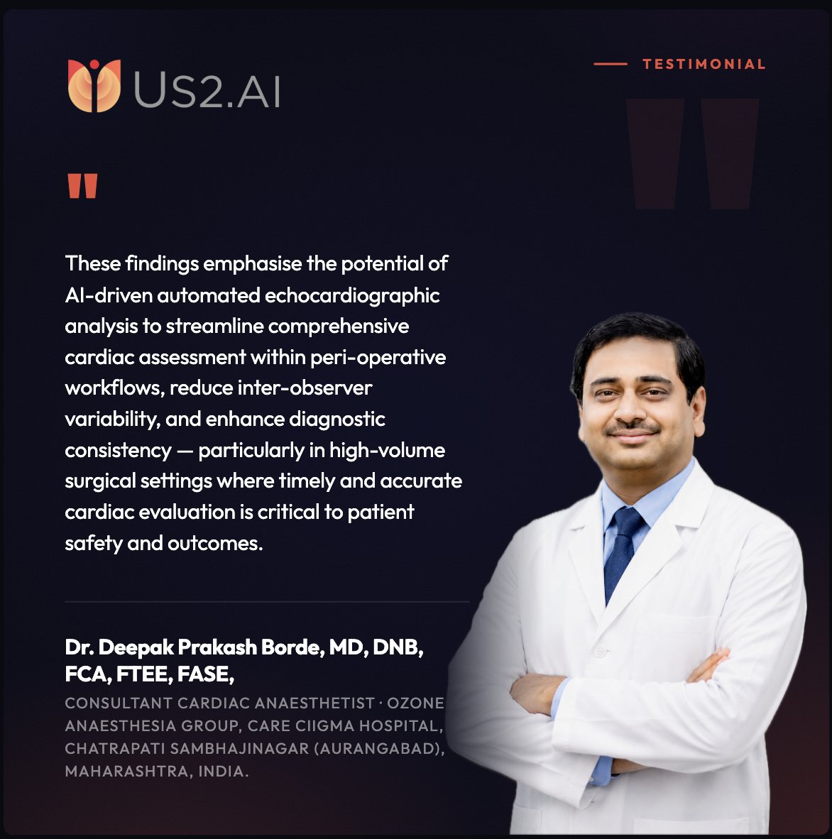 us2_ai's tweet photo. 🛑 Undetected cardiac pathology before surgery is one of the most preventable drivers of peri-operative risk 🛑

Severe aortic stenosis carries nearly 10% 30-day mortality after non-cardiac surgery. Pulmonary hypertension can quadruple adjusted mortality even in elective cases. 𝐁𝐮𝐭 𝐜𝐨𝐦𝐩𝐫𝐞𝐡𝐞𝐧𝐬𝐢𝐯𝐞 𝐩𝐫𝐞-𝐨𝐩 𝐞𝐜𝐡𝐨 𝐭𝐚𝐤𝐞𝐬 𝐭𝐢𝐦𝐞 𝐚𝐧𝐝 𝐞𝐱𝐩𝐞𝐫𝐭𝐢𝐬𝐞 𝐦𝐨𝐬𝐭 𝐩𝐞𝐫𝐢-𝐨𝐩𝐞𝐫𝐚𝐭𝐢𝐯𝐞 𝐭𝐞𝐚𝐦𝐬 𝐝𝐨𝐧'𝐭 𝐡𝐚𝐯𝐞 𝐢𝐧 𝐭𝐡𝐞 5 𝐭𝐨 10 𝐦𝐢𝐧𝐮𝐭𝐞𝐬 𝐭𝐡𝐞𝐲 𝐠𝐞𝐭 𝐰𝐢𝐭𝐡 𝐚 𝐩𝐚𝐭𝐢𝐞𝐧𝐭.

A new multicentre study in Anaesthesia set out to close that gap. 202 patients, 5 hospitals, anaesthetists acquiring images, https://t.co/LR5so3R0R3 handling analysis. The result: 100% detection of pulmonary hypertension and severe aortic stenosis, with a full automated report in under two minutes.

Principal Investigator Dr. Deepak Borde on how AI Echo can change peri-operative care 👇

📎 Full paper: https://t.co/9UVKL6m4wv