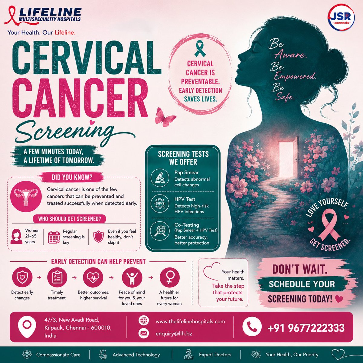JSRconnect's tweet photo. Cervical cancer is one of the few cancers that can be prevented and treated successfully when detected early. Regular screening can identify changes before they become serious
#CervicalCancer #WomensHealth #CancerScreening #EarlyDetection #LifelineHospitals #DRJSR #JSRCONNECTS https://t.co/cP5du6Ws7I