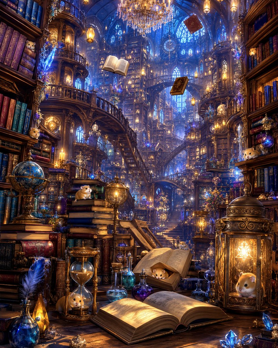 nebulanap_nagi's tweet photo. 果てしなく続く魔法の図書館へようこそ📚✨
きらめく本棚や古文書のまわりには、たくさんのハムスターが隠れています🐹
みんなは何匹見つけられるかな?
不思議な本の世界で、いっしょに宝探しを楽しもうね🔍
#かくれんぼ #MagicalLibrary #FindTheHamster #FantasyArt #AnimeAesthetic https://t.co/8CbNlij0rw