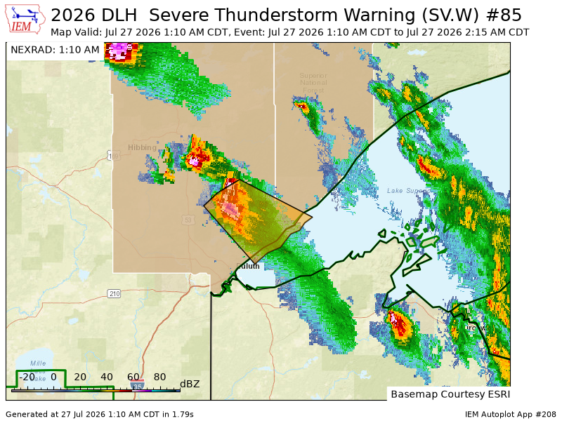 ELYMNWX's tweet photo. DLH issues Severe Thunderstorm Warning [wind: 60 MPH (RADAR INDICATED), hail: 1.00 IN (RADAR INDICATED)] for Lake, St. Louis [MN] till Jul 27, 2:15 AM CDT https://t.co/hq3CEoqffy https://t.co/b07MP1IpfQ