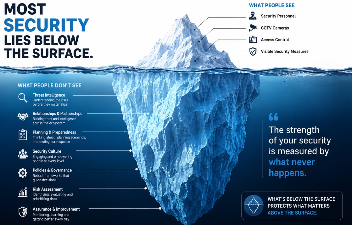 AvKeep's tweet photo. Most security lies below the surface. 🧊
People see the guards, cameras and access controls.
They rarely see the intelligence, planning, partnerships, governance, exercises and security culture that prevent incidents from happening in the first place.
Like an iceberg, the visible measures are only a fraction of the whole picture.
The strongest security programmes are built on the work nobody notices.
#SecurityLeadership #SecurityCulture #RiskManagement #Resilience #SecurityManagement #Leadership