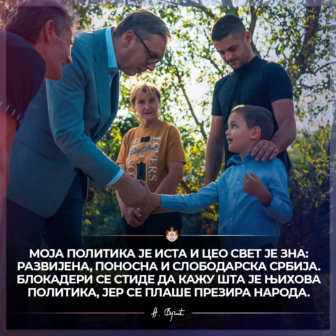 sns_srbija's tweet photo. Моја политика је иста и цео свет је зна: развијена, поносна и слободарска Србија. Блокадери се стиде да кажу шта је њихова политика, јер се плаше презира народа. 🇷🇸🇷🇸🇷🇸 @avucic #Vucic #SNS #Srbija https://t.co/mvR9AbBE0J