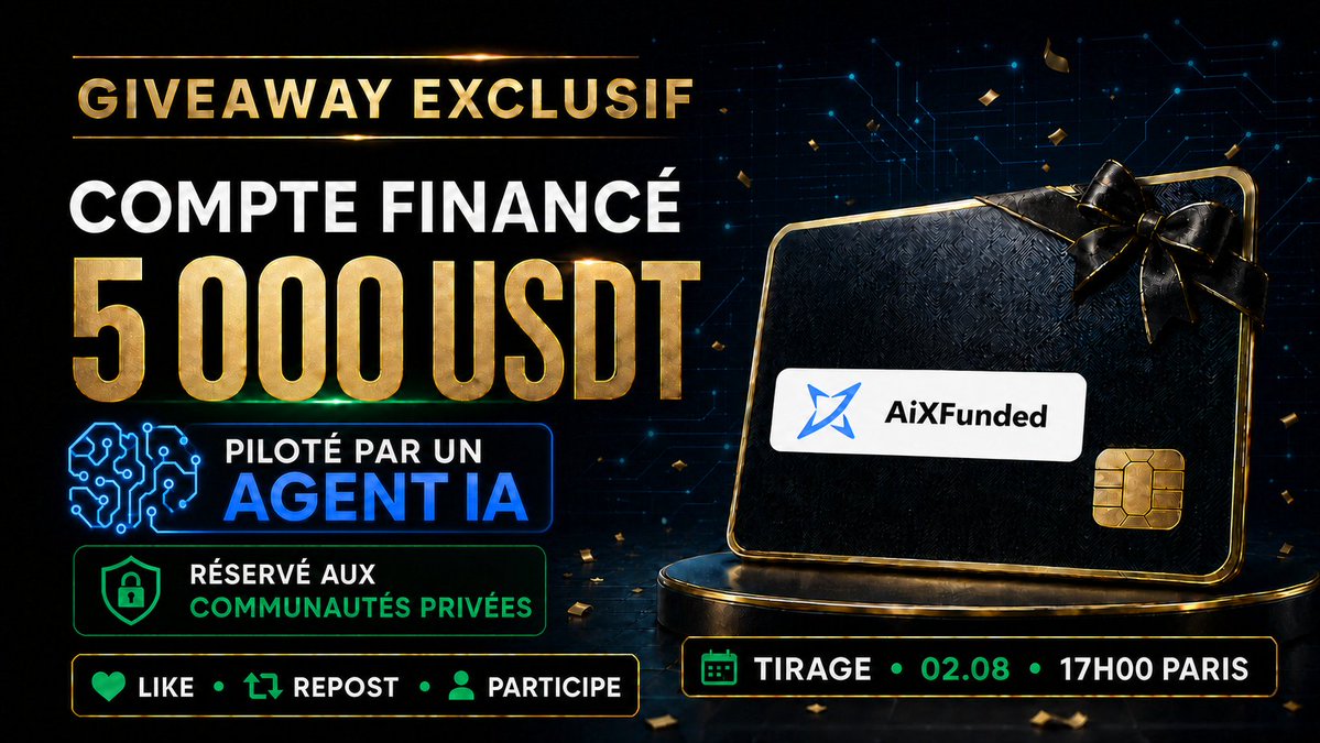 jimsmore's tweet photo. 🎁 GIVEAWAY EXCLUSIF — COMPTE FINANCÉ 5 000 USDT AiXFunded (IA) 🎁

Prêt à exploiter la puissance du trading algorithmique ? Je mets en jeu un compte financé de 5 000 USDT chez @AiXFunded , à faire piloter directement par un agent IA ! 🤖📈

⚠️ Concours réservé exclusivement aux membres de mes communautés privées (Salon VIP @LeTroneFr  & Lunar Collective).

Pour valider ta participation :

1️⃣ Like & Repost ce post
2️⃣ Crée ton compte AiXFunded via le lien affilié (en 1er commentaire)
3️⃣ Récupère le lien du formulaire dans les canaux privés ou via le Linktree (en 1er commentaire) et remplis-le

⏳ Tirage au sort : Dimanche 2 août à 17h00 (heure de Paris).

ℹ️ L'ensemble des conditions et du fonctionnement de la plateforme AiXFunded sont consultables directement sur leur site officiel.

🔍 Note : L'appartenance à la communauté, l'affiliation, le Repost et le Like seront contrôlés avant la validation du gagnant.

Bonne chance à tous ! 🚀