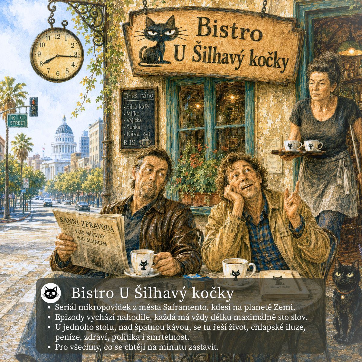 ALK_007's tweet photo. ☕️ Bistro U Šilhavý kočky

- Konjunktura -

Bylo osm patnáct a Bistro U Šilhavý kočky se zaplnilo štamgasty. Pajdavá Lilly přinesla kávu.
Benny se rozhlédl po bistru. Plechová cedule s názvem visela nakřivo, ubrus byl upatlaný. Jako včera. Jako vždy.
„Hele, Macku, jak jde byznys?“
„Ale jó,“ usrkl Mack ze šálku. „Znáš to. Furt dopředu. Musí to tak bejt. Pokrok nezastavíš.“
Benny zakvedlal lžičkou v hrníčku a souhlasně pokýval hlavou.
„Konjunktura, inovace, světlé zítřky.“
„Jo. Tak ty taky,“ procedil Mack.
Pak si všiml psího lejna na chodníku před terasou a obličej se mu zkroutil odporem.
Benny pohlédl na hnědou hromádku.
„Někdo na to má holt jinej názor.“