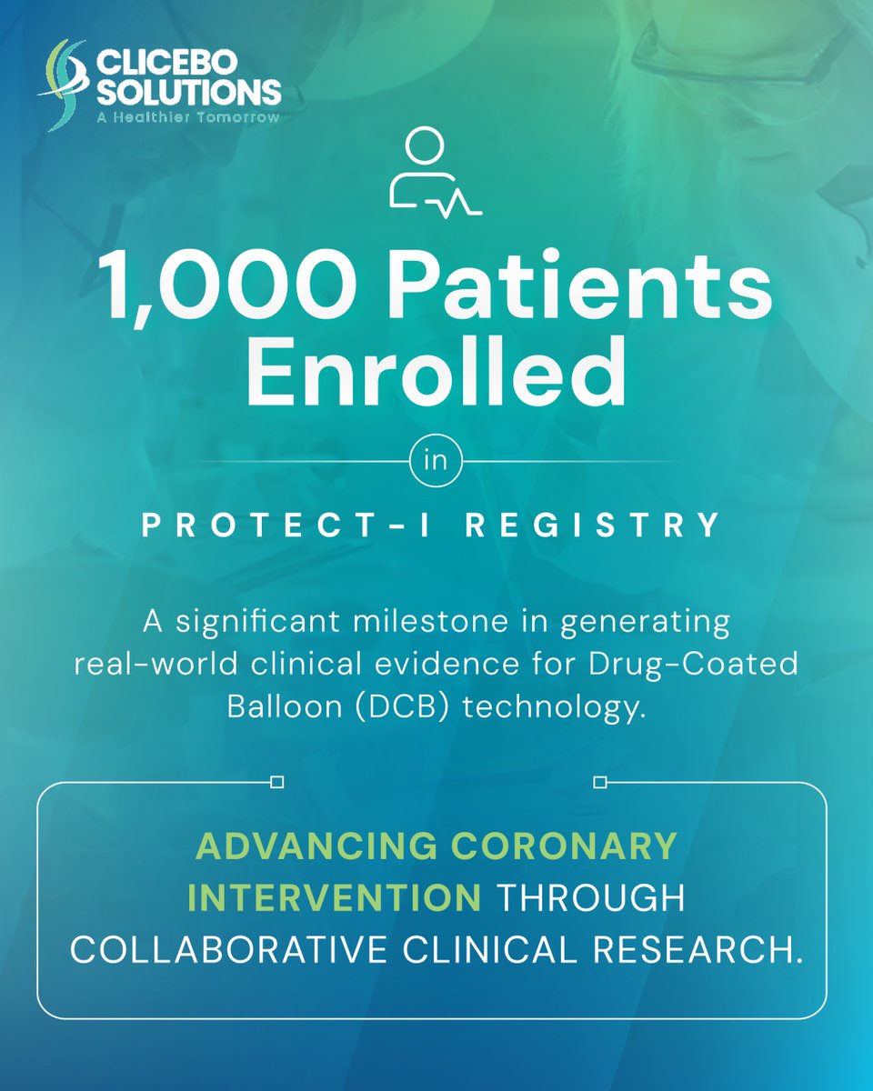 CliceboSolution's tweet photo. A milestone in clinical research—1,000 patients enrolled in the #ProtectIRegistry.

Strengthening real-world clinical evidence for Drug-Coated Balloon (DCB) technology. Congratulations to @Translumina_in, @Priyaarambam14  &amp; Nagma Khan.

#ClinicalResearch #InterventionalCardiology https://t.co/hGSPX3nmit