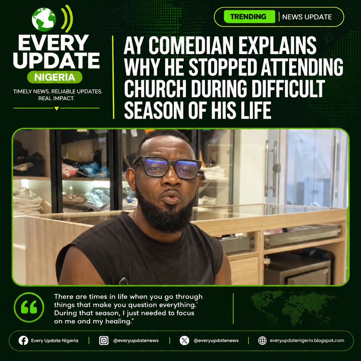 EveryUpdateNews's tweet photo. 🚨 AY Makun says he once stopped attending church-not because he lost faith in God, but because he was facing a difficult personal season and dealing with negative narratives online.

🎥 Watch the full video below.
https://t.co/beuzTgJAIo

#AYMakun #Faith #Church #TrendingNews https://t.co/5ji8PQPS5Q
