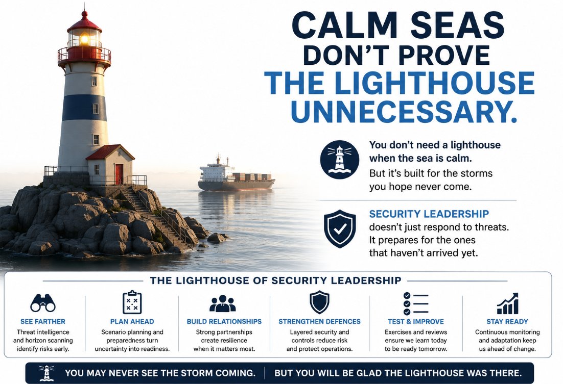 AvKeep's tweet photo. Calm seas don't prove the lighthouse unnecessary. 🌊
When nothing goes wrong, it's easy to question the value of preparation.
But calm waters don't mean the lighthouse isn't needed—they often mean its guidance has done its job.
The same is true for security.
Threat intelligence, planning, governance and preparedness rarely make headlines, yet they quietly reduce risk every day.
The absence of incidents isn't evidence that security isn't working—it's often evidence that it is.
#SecurityLeadership #RiskManagement #Resilience #SecurityManagement #Leadership #SecurityCulture