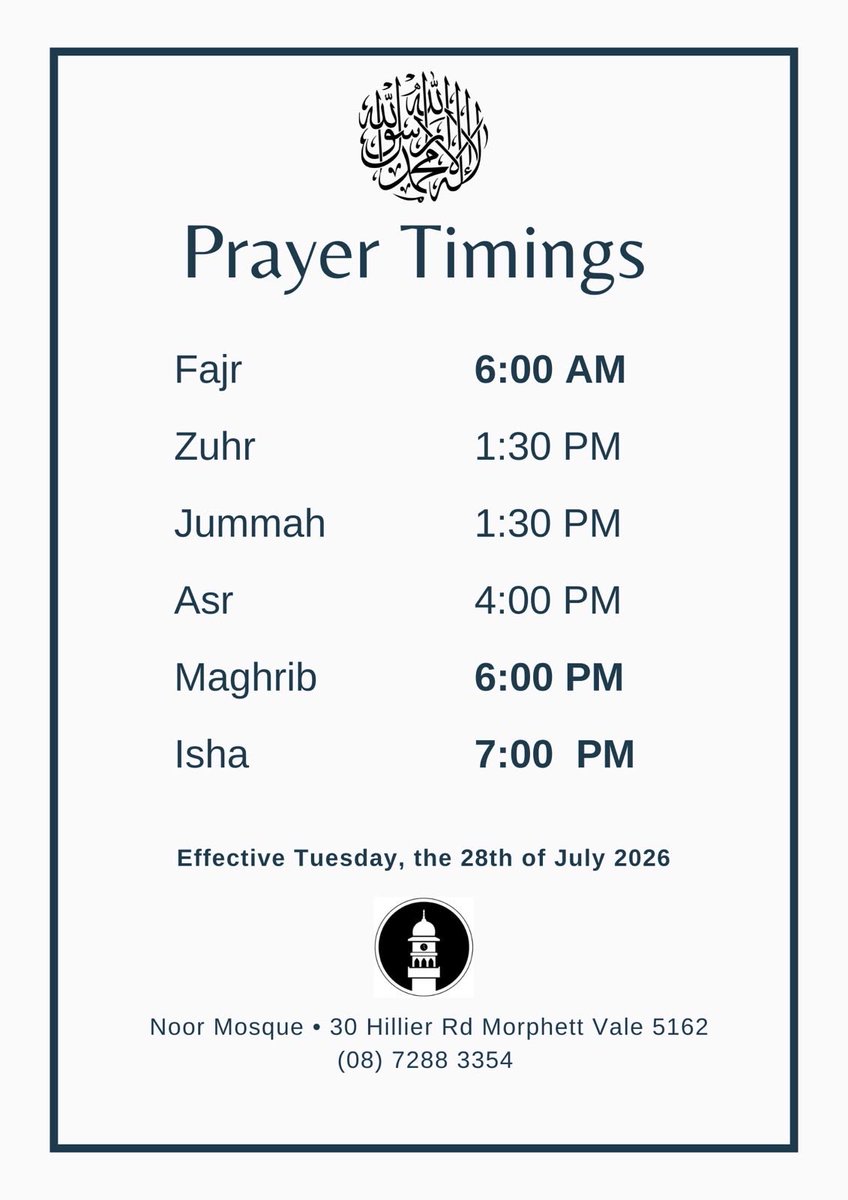 NoorMosque's tweet photo. Prayers Timings for Noor Mosque

Effective as per Tuesday, 28 July 2026 https://t.co/P63P1cjq6Z