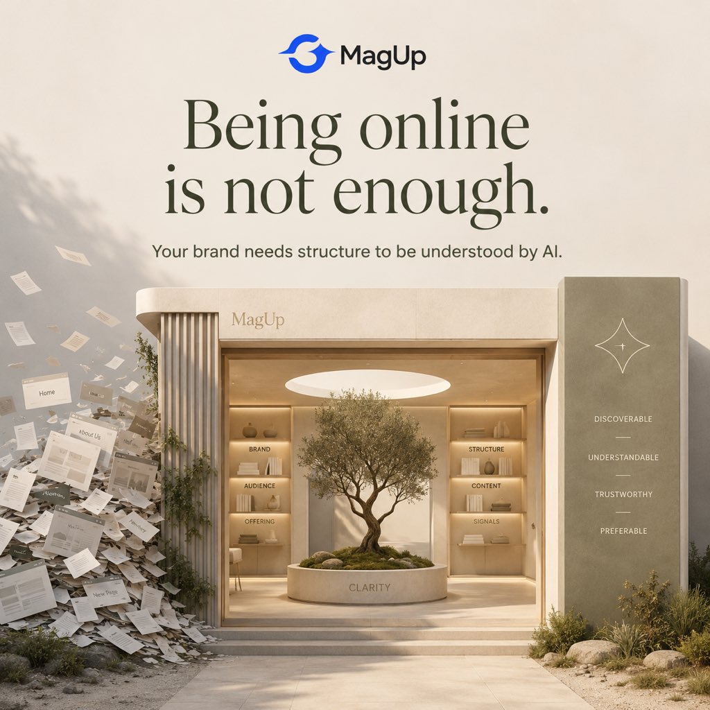 Magup_AI's tweet photo. Many companies think they are already visible.
They have:
A beautiful website.
 Strong products.
 A good reputation.
But here is the problem:
AI does not see brands the way humans do.
A customer may understand your company in 30 seconds.
AI needs structured signals.
It needs to understand:
Who you are.
 What you do.
 Why you are trusted.
 When you should be recommended.
MagUp helps brands rebuild these signals through GEO.
Because in the AI era:
Being online is not enough.
You need to be understood.