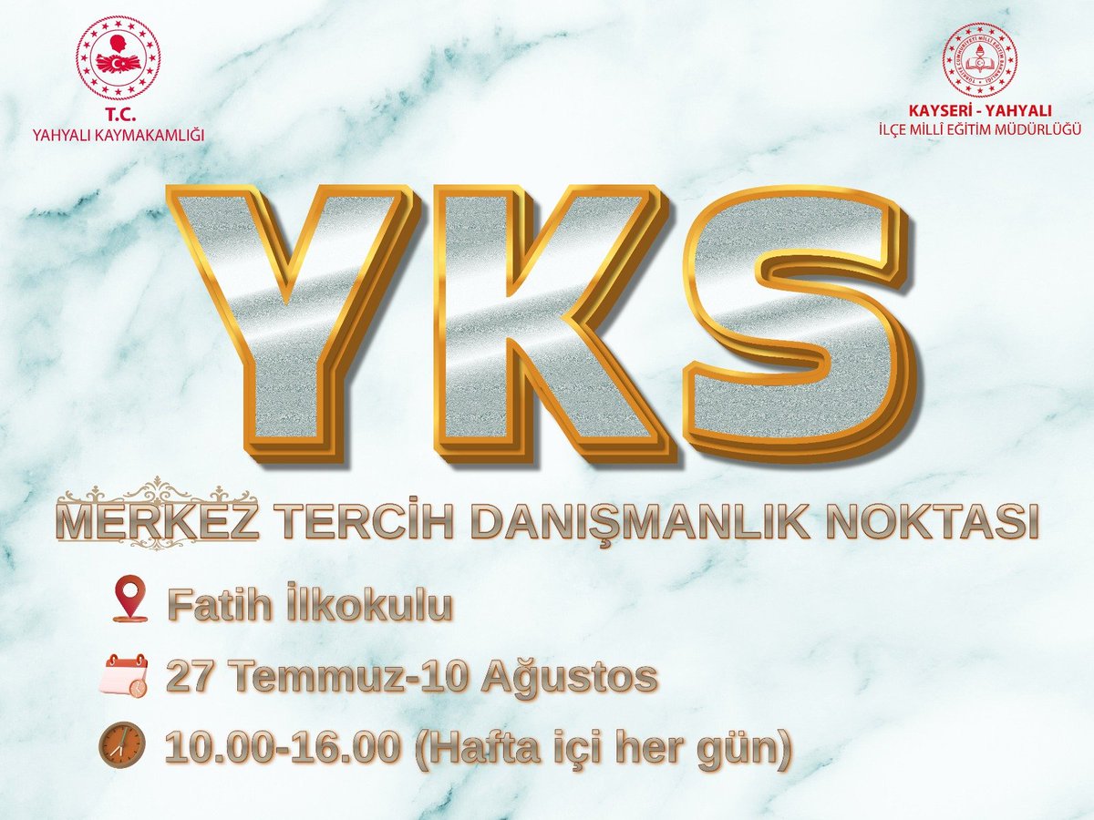 yahyali_mem's tweet photo. YKS tercih sürecinde gençlerimizin yanındayız! 🎓
​Bütün liselerimizin yanı sıra, Fatih İlkokulumuzda kurulan "Merkez Tercih Danışmanlık Noktamızda" rehber öğretmenlerimizle sizleri bekliyoruz. Doğru tercih ve parlak bir gelecek için buluşalım! 🌟
​📍 Yer: Fatih İlkokulu
🗓 Tarih: 27 Temmuz - 10 Ağustos
⏰ Saat: 10.00 - 16.00 (Hafta içi her gün)

@tcyahyali
@kayserimem
@kayserivaliligi
@tcmeb