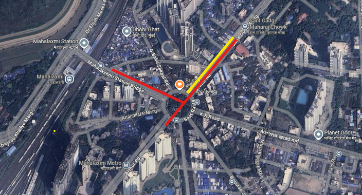 BHiren's tweet photo. Thanks to change in plans, It is not going to "link" Monorail, Metro 3 &amp; Mahalaxmi Rly stn as claimed. 

Red: OG Plan (Apprx. 700m FoB) 
Yellow: Revised plan (300m FoB) https://t.co/puGsqeX7QN