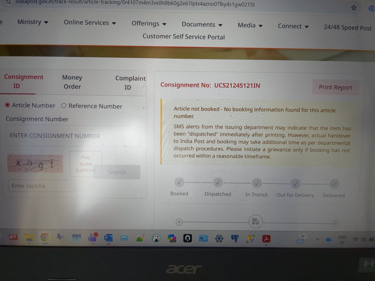 AwanishSrivast's tweet photo. @IndiaPostOffice 
Airway bill # UC521245121IN with dispatch date 12/Mar/2026 has not reached me till date. Also your website displays no Origin or Destination details &amp; shows "Article not booked" error. Please investigate as it contains my daughter's aadhar pvc card. https://t.co/kTyWJOhh4E