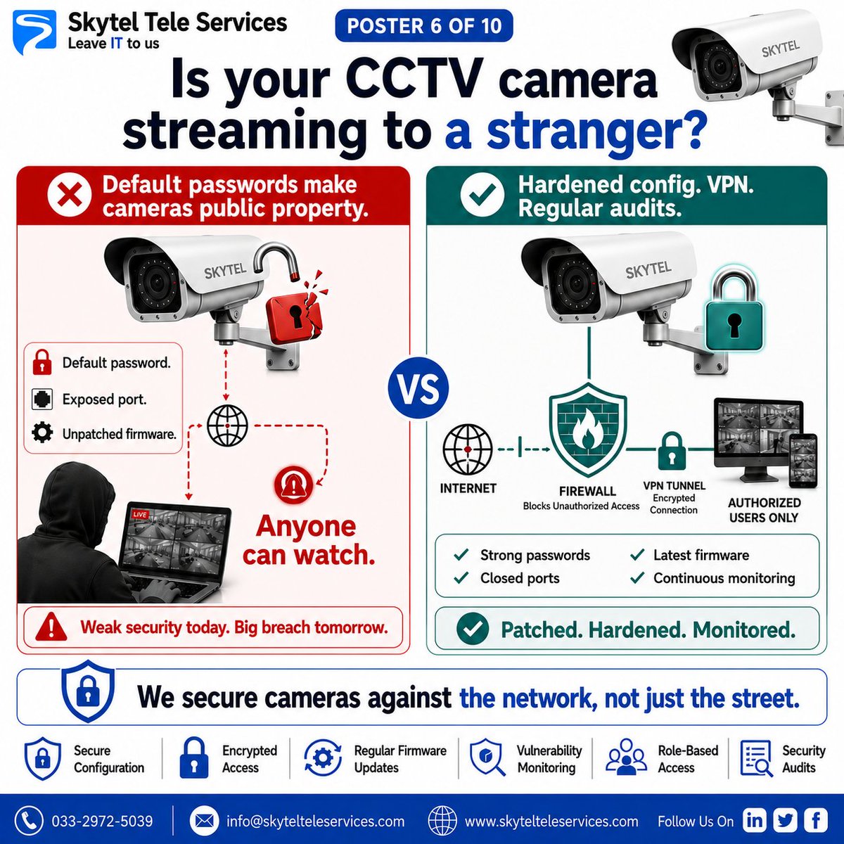 skytel_social's tweet photo. @docanita13 Is your CCTV streaming to a stranger? Default passwords &amp; exposed ports make your cameras public. We harden, patch &amp; monitor your surveillance network. 🔒📷
#CCTV #NetworkSecurity #LeaveITtoUs #Skytel #SurveillanceSecurity https://t.co/qUx5h6pPUS