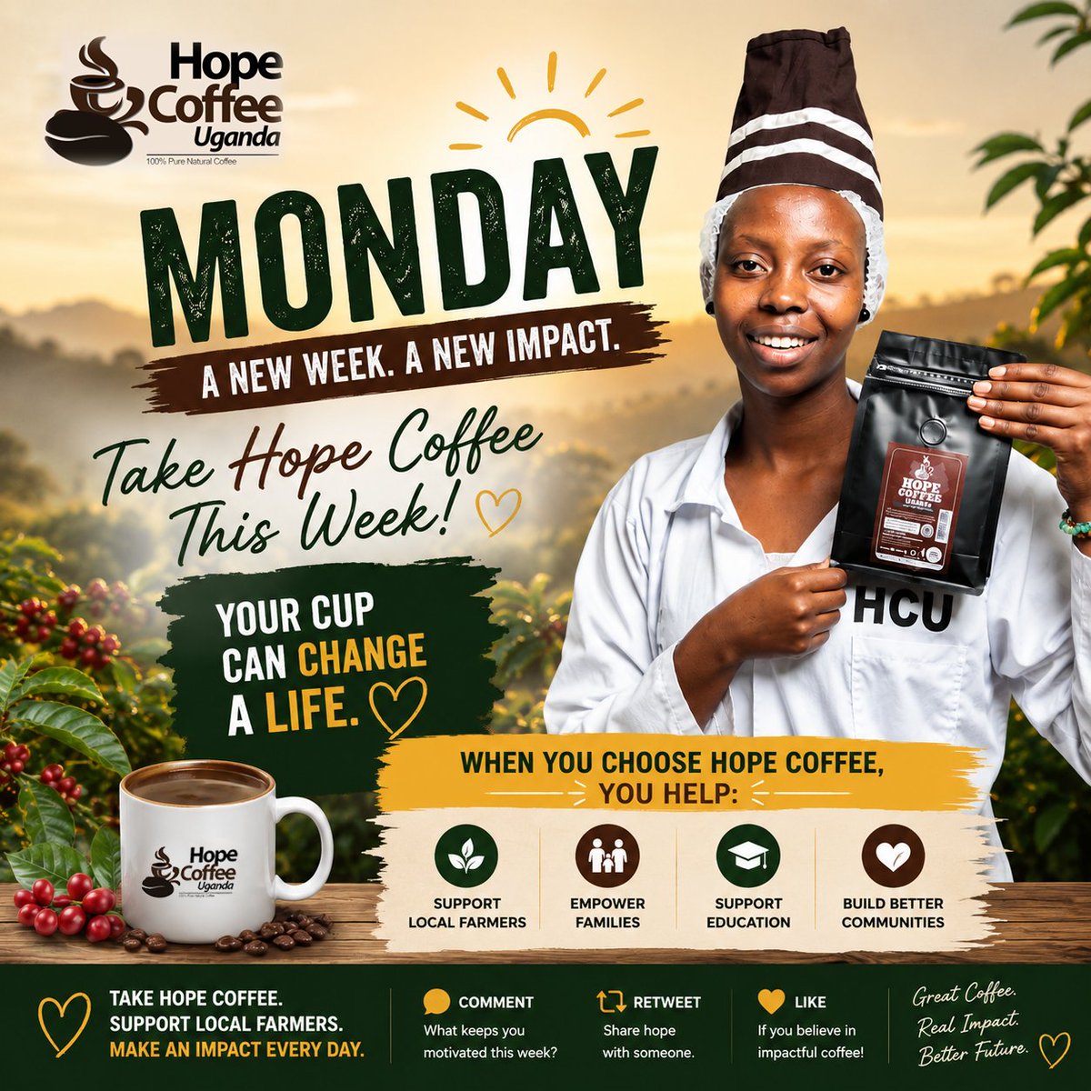 HopeCoffeeUg's tweet photo. Monday is better with purpose.
Start your week with a cup of Hope Coffee from Kyotera  Every purchase supports local farmers, strengthens families and helps create brighter futures.
What's in your Monday cup?
#HopeCoffeeUganda #MondayMotivation  #CoffeeWithPurpose #Kyotera https://t.co/ojuuprFHtv