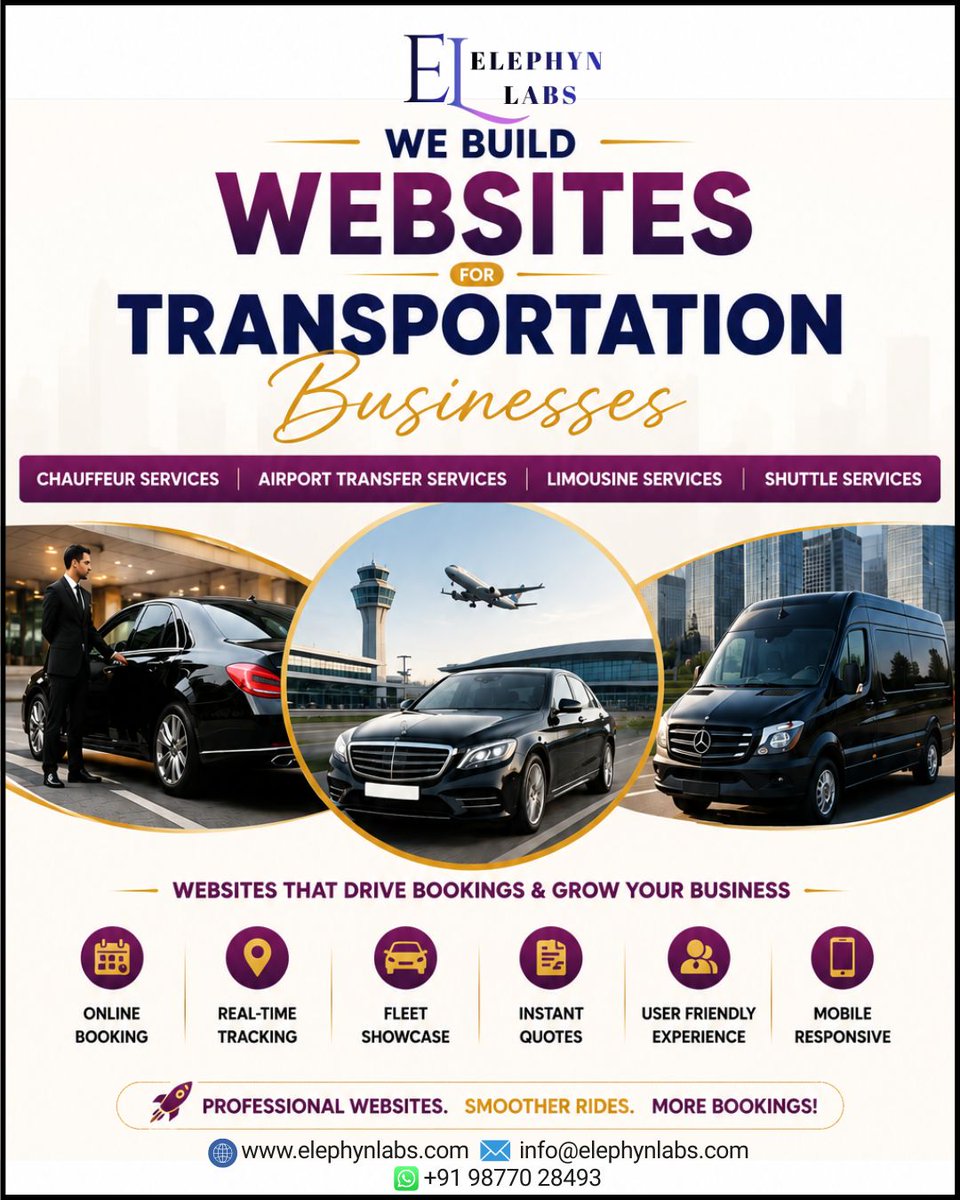 elephynlabs's tweet photo. Turn more rides into bookings with a modern, high-converting transportation website.
#ElephynLabs #TransportationWebsite #ChauffeurWebsite #AirportTransfer #LimousineService #ShuttleService #WebsiteDesign #WebDevelopment #WebsiteRedesign #TransportationCanada #TransportationUSA https://t.co/3eTLX1vYGm