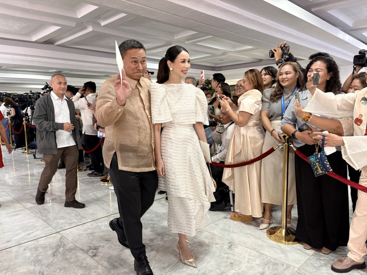 ABSCBNNews's tweet photo. Education Secretary Sonny Angara and wife Tootsy Angara arrive at Batasang Pambansa for President Bongbong Marcos' fifth SONA. #SONA2026 | via @JervisManahan https://t.co/1Wkq8UHahf