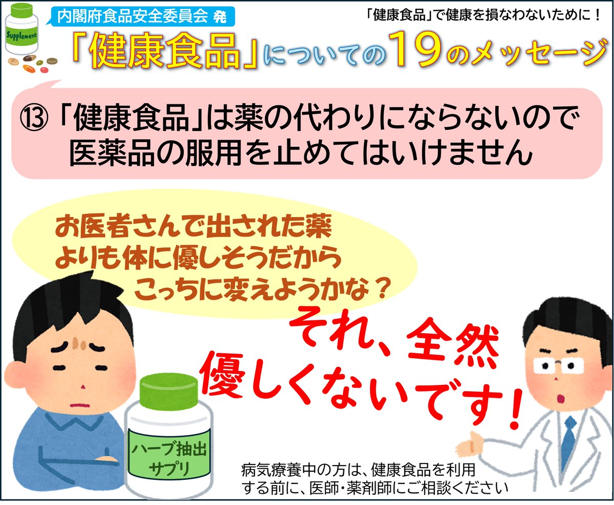 GunmaPref_Shoku's tweet photo. #健康食品についての19のメッセージ －⑬
「健康食品」は薬の代わりにはならないので医薬品の服用を止めてはいけません

もし今、あなたが何かの治療のために処方薬を服用しているなら、それと似た作用があると謳われている健康食品があっても、薬の代用にしないでください。併用も注意が必要です。 https://t.co/C2qSsN7I1n