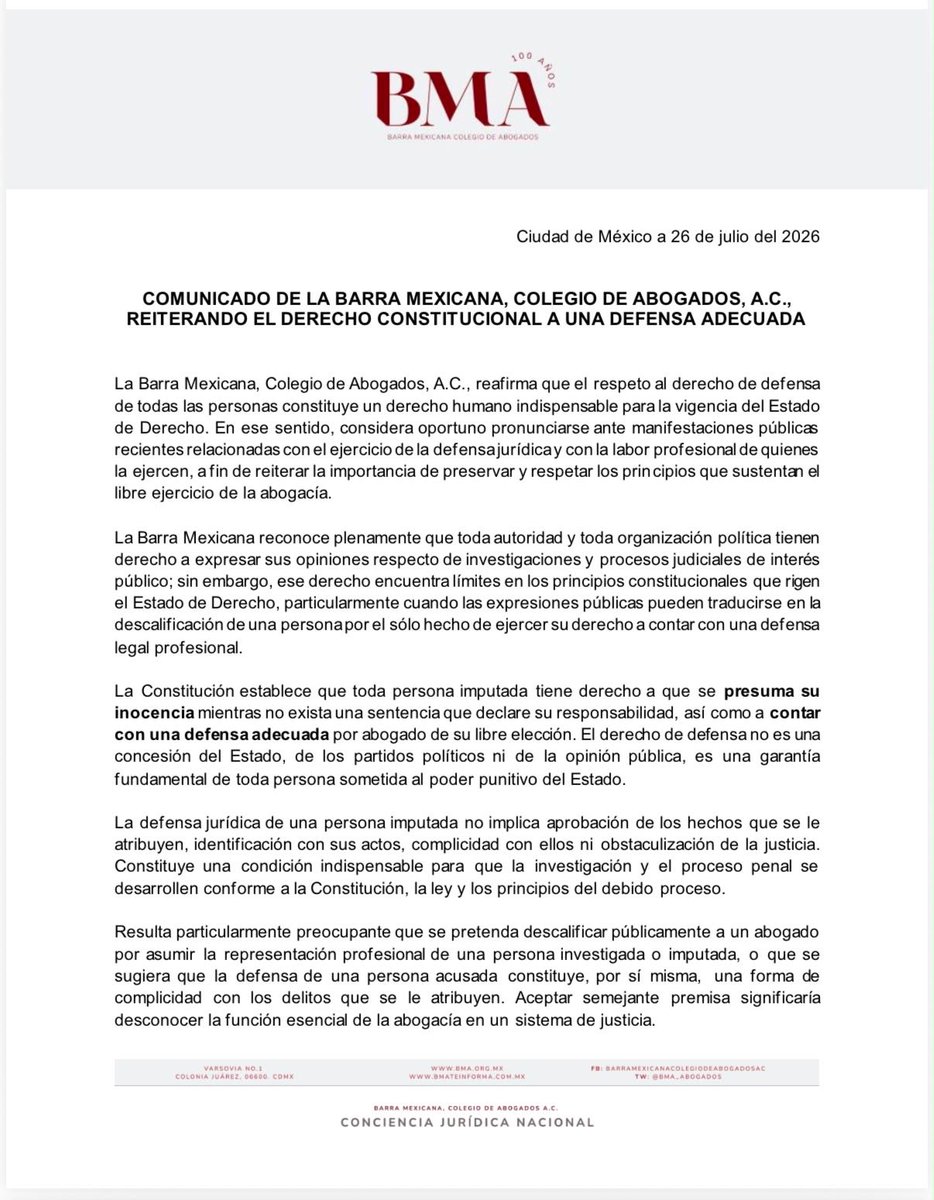 BMA_Abogados's tweet photo. COMUNICADO DE LA BARRA MEXICANA, COLEGIO DE ABOGADOS, A.C., REITERANDO EL DERECHO CONSTITUCIONAL A UNA DEFENSA ADECUADA https://t.co/sYPge03Ijs