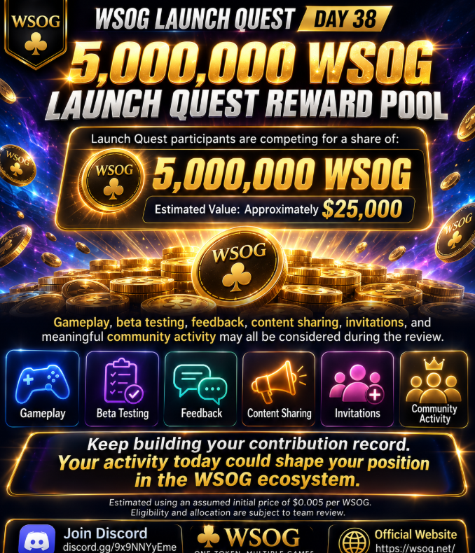 wsog_net's tweet photo. 7月29日｜Day 38

🚀 WSOG Launch Quest Day 38

💰 5,000,000 WSOG LAUNCH QUEST REWARD POOL

Launch Quest participants are competing for a share of:

💰 5,000,000 WSOG
💵 Estimated Value: Approximately $25,000
Gameplay, beta testing, feedback, content sharing, invitations, and meaningful community activity may all be considered during the review.

Keep building your contribution record.

Your activity today could shape your position in the WSOG ecosystem.

Estimated using an assumed initial price of $0.005 per WSOG. Eligibility and allocation are subject to team review.

💬 Join Discord
 https://t.co/KYrMgQJPDp

🌐 Official Website
 https://t.co/XGHUJH1Iwf