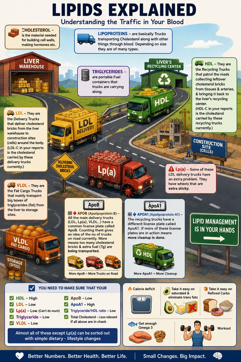 mindmusclepro's tweet photo. Lipids Explained

🧱 Cholesterol - is the material needed for building cell walls, making hormones etc

🛻 Lipoproteins - are basically Trucks transporting Cholesterol along with other things through blood. Depending on size they are of many types.

⛽ Triglycerides - are portable Fuel containers that trucks are carrying along.

🚛 HDL - They are the Recycling Trucks that patrol the roads collecting leftover cholesterol bricks from tissues & arteries, & bringing it back to the liver��s recycling center. 

(HDL-C in your reports is the cholesterol carried by these recycling trucks currently.)

🚚 LDL - They are the Delivery Trucks that deliver cholesterol bricks from the liver warehouse to construction sites (cells) around the body. 

(LDL-C in your reports is the cholesterol carried by these delivery trucks currently.)

🚨 Lp(a) - Some of these LDL delivery trucks have an extra problem. They have wheels that are extra sticky, making it more likely to contribute to plaque formation & blood clotting.

🚛📦 VLDL - They are the Fat Cargo Trucks that mainly transport big boxes of triglycerides (fat) from the liver to storage sites.

🪪♦️ApoB (Apolipoprotein B) - All the main delivery trucks (LDL, Lp(a), VLDL..) have a common license plate called ApoB. Counting them gives an idea of the no of trucks on road currently. More means too many cholesterol bricks & extra fuel (Tg) are being transported

🪪🔹ApoA1 (Apolipoprotein A1) - The recycling trucks have a different license plate called ApoA1. If more of these license plates are in action means more cleanup is done.

🔵 You need to make sure that your 

✅ HDL - High ✅ LDL - Low ✅ Lp(a) - Low (Can’t do much) ✅ Triglyceride - Low ✅ VLDL - Low ✅ ApoB - Low ✅ ApoA1 - High ✅ Triglyceride/HDL ratio - Low ✅ Total Cholesterol - Less relevant if all above are in check

Almost all of these except Lp(a) can be sorted out with simple dietary - lifestyle changes

- Calorie deficit
- Take it easy on saturated & eliminate trans fats
- Take it easy on Refined Carbs
- More fiber
- Get enough Omega 3
- Workout