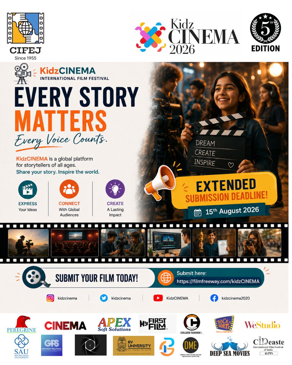 kidzcinema's tweet photo. Every Story Matters. Celebrate different voices, cultures and perspectives through cinema.
 Submit your film here: https://t.co/og8Q5mV1aG
Extended Submission Deadline: 15th August 2026
@CIFEJ 
#EveryStoryMatters #KidzCINEMA #Storytelling #Cinema #Children https://t.co/GiZBsza0fQ
