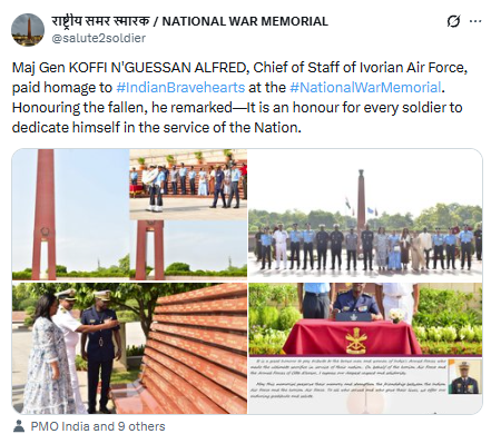 univartaindia1's tweet photo. दिल्ली : आइवरी कोस्ट वायुसेना के चीफ ऑफ स्टाफ मेजर जनरल कोफी एन'गुएसान अल्फ्रेड ने राष्ट्रीय समर स्मारक पर वीर शहीदों को श्रद्धांजलि अर्पित की।
@salute2soldier | #Delhi | #India | #IvoryCoast | #CotedIvoire | #AirForce | #ChiefOfStaff | #MajorGeneral | #KofiNGuessanAlfred | #NationalWarMemorial | #UNI | #UNIVarta