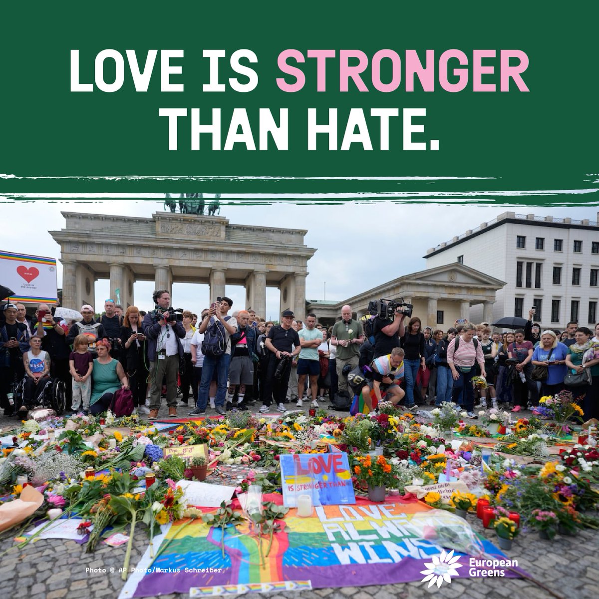 europeangreens's tweet photo. The acts of one man, who was guided by bigoted, outdated, hateful ideologies, cannot stand in the way progress.

Together with @Die_Gruenen, our hearts are with the LGTBQI+ community in Berlin and the families of the people that were attacked. https://t.co/xnsEHwZ01Y