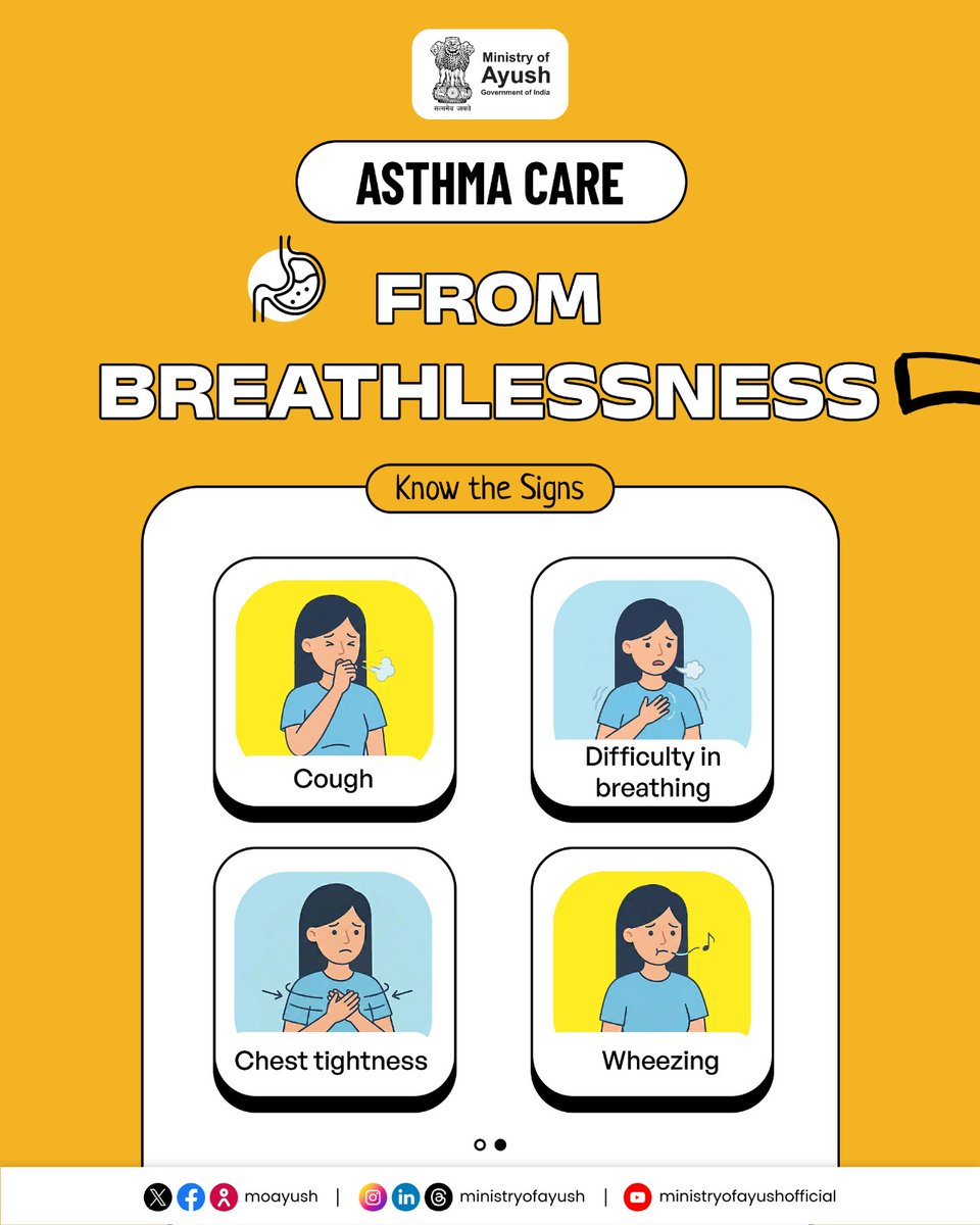 moayush's tweet photo. Recognizing the early signs of asthma and adopting healthy lifestyle practices can help support better respiratory health. Swipe through to learn about common symptoms and simple measures that may help in day-to-day asthma care.

Breathe better. Live better.

#Ayushforall #PublicHealth #TraditionalMedicine #HealthForAll

@PMOIndia | @narendramodi | @mpprataprao | @secymoayush | @vaidyakotecha | @WHO | @mdniy | @ccrhindia | @CCRAS_MoAyush | @DirectorCcryn | @AIIA_NDelhi | @WHO | @nmpb1 | @NIAJaipur | @PIB_India | @PIBAYUSH | @DDNewslive | @sansad_tv |  @AIRNewsHindi | @mygovindia | @MyGovHindi |