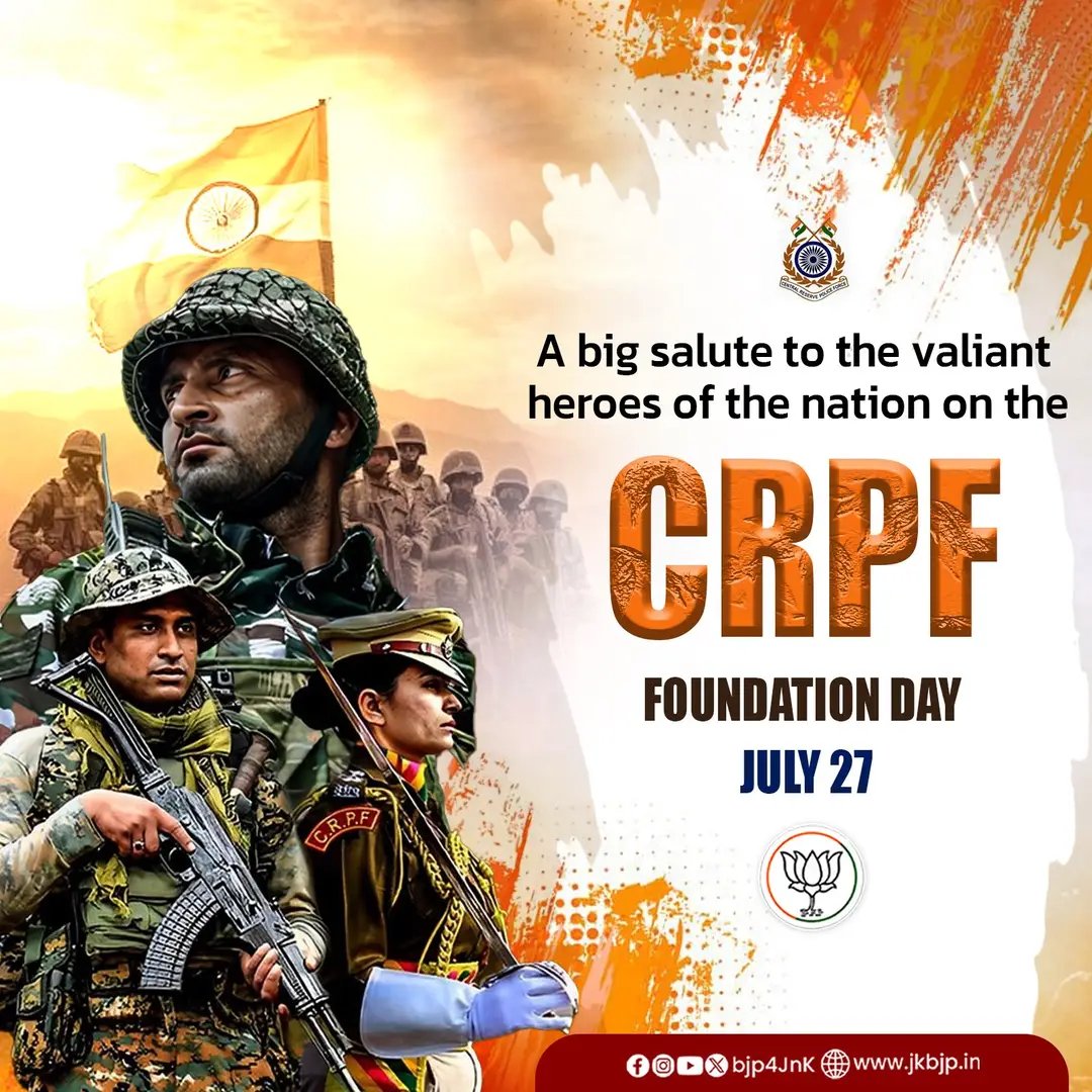 BJP4JKUT's tweet photo. A big salute to the valiant heroes of the nation on the CRPF Foundation Day. 🇮🇳
Jai Hind! https://t.co/YAQxujMn5X