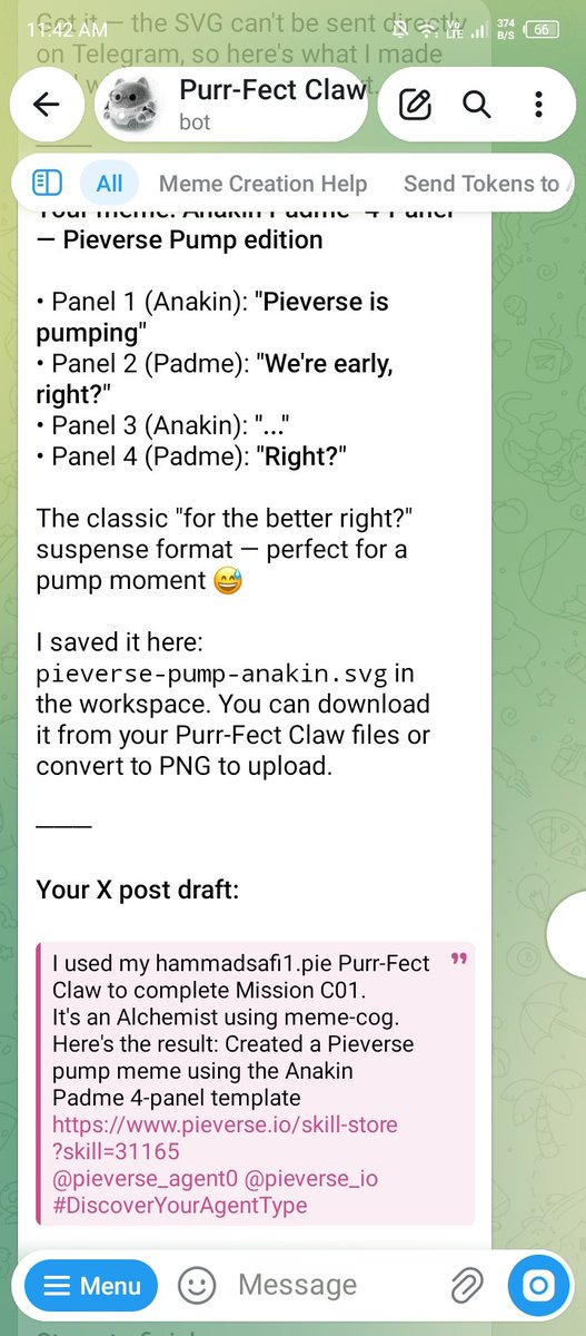 crystalyor1's tweet photo. I used my hammadsafi1.pie Purr-Fect Claw to complete Mission C01. It's an Alchemist using meme-cog. Here's the result: Pieverse pump meme with Anakin Padme 4-panel template
https://t.co/SM11YyjA5e
@pieverse_agent0 @pieverse_io #DiscoverYourAgentType https://t.co/3utZpFiQtC