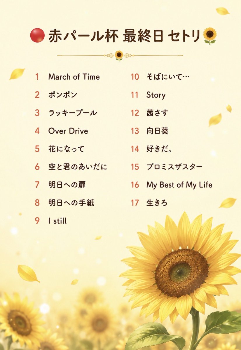 himawari3418's tweet photo. 🌻パール杯4日目🌻

いよいよ最終日になりました☺️

たくさんのあたたかい応援を本当にありがとうございます🙇‍♀️🌻

今夜は、みんなが選んでくれた曲をセトリにしました✨

最後まで笑顔で☺️
一曲一曲、心を込めて歌います🌻

お時間が合いましたら、ぜひ遊びに来ていただけたら嬉しいです🥰💛 https://t.co/JHylNYEDJD